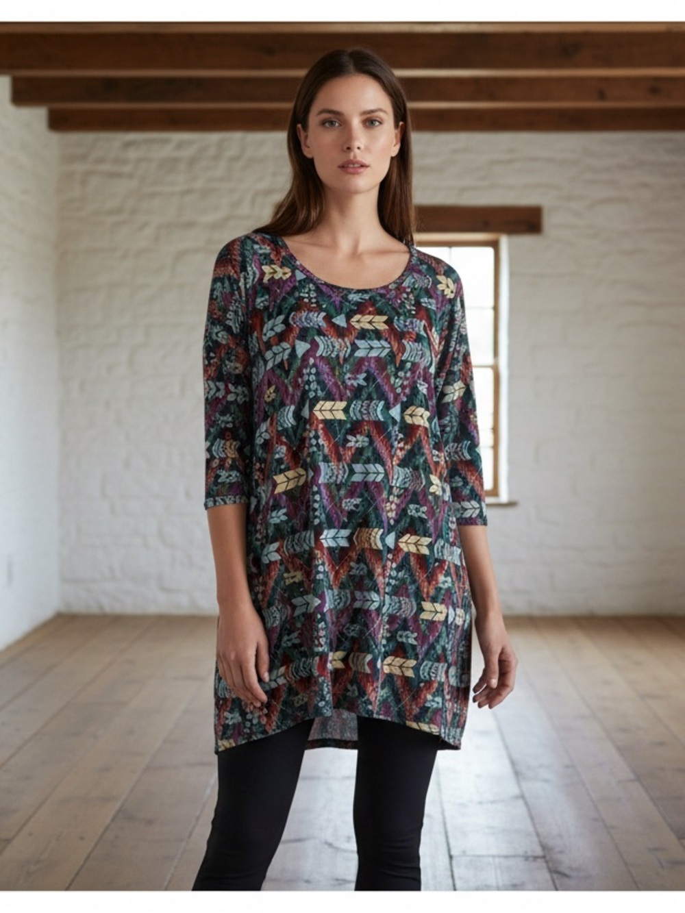 LuLaRoe Boho Inspired Scoop Neck Tunic in Purple Multi Chevron & Arrow Print
